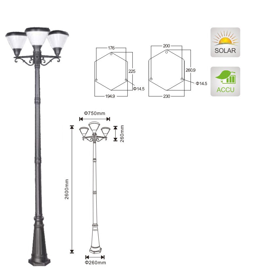 Solar Lamp 2.6m, 3 heads Retro Style - Perfect for beautifying your garden and entrance