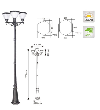 Solar Lamp 2.6m, 3 heads Retro Style - Perfect for beautifying your garden and entrance